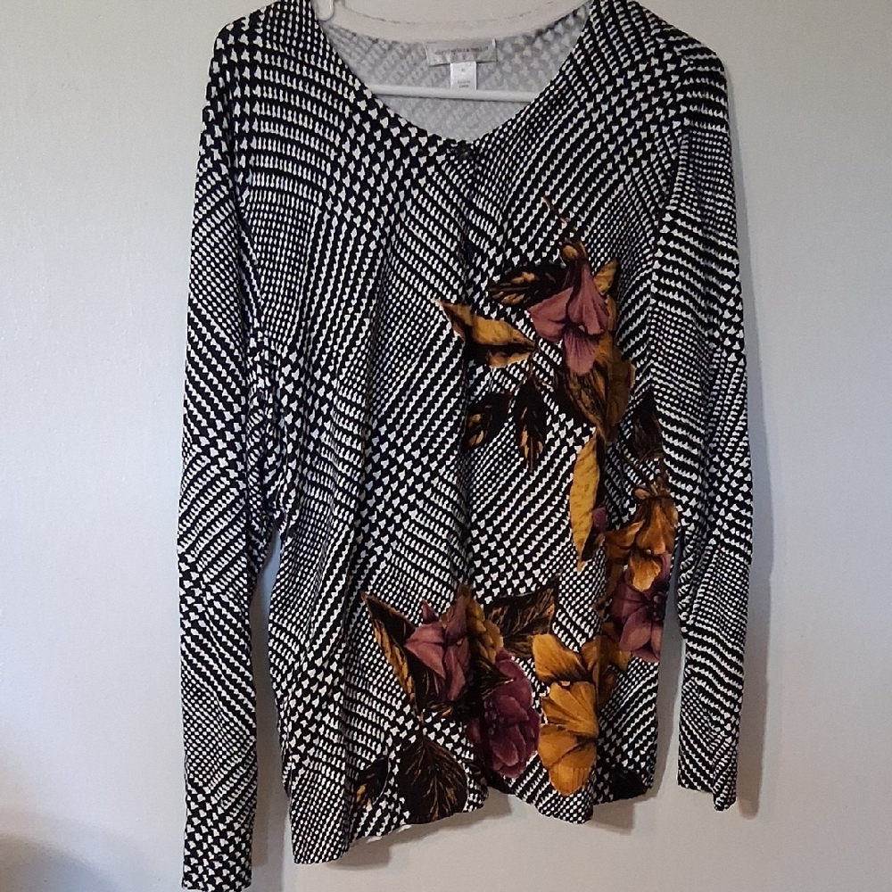 Christopher & Banks Black and White Cardigan with Floral Accents